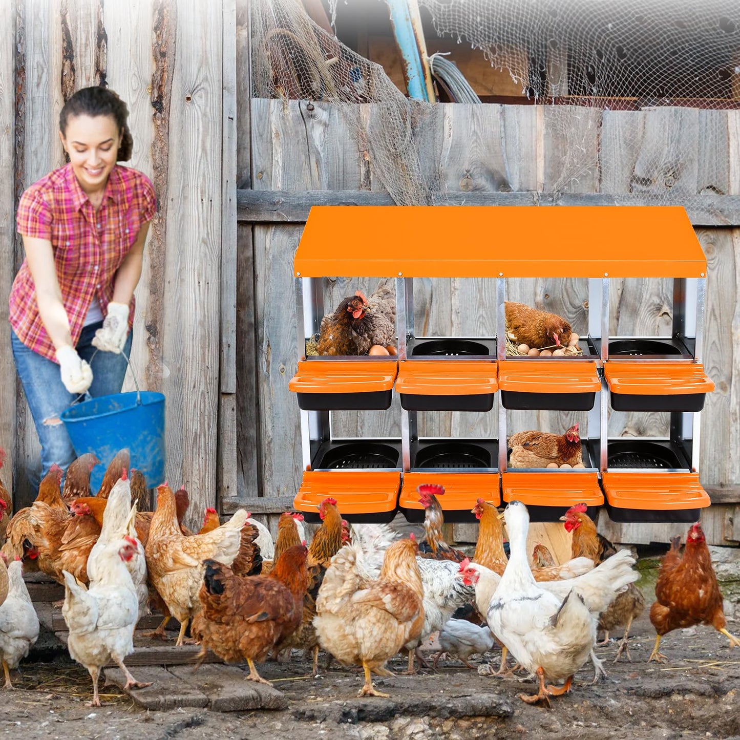 Chicken Nesting Box, 8 Compartments Nesting Boxes for Chickens, Chicken Laying Boxes, Roll Away Nesting Box for Chickens Laying Egg with Lid Cover to Protect Eggs, Orange