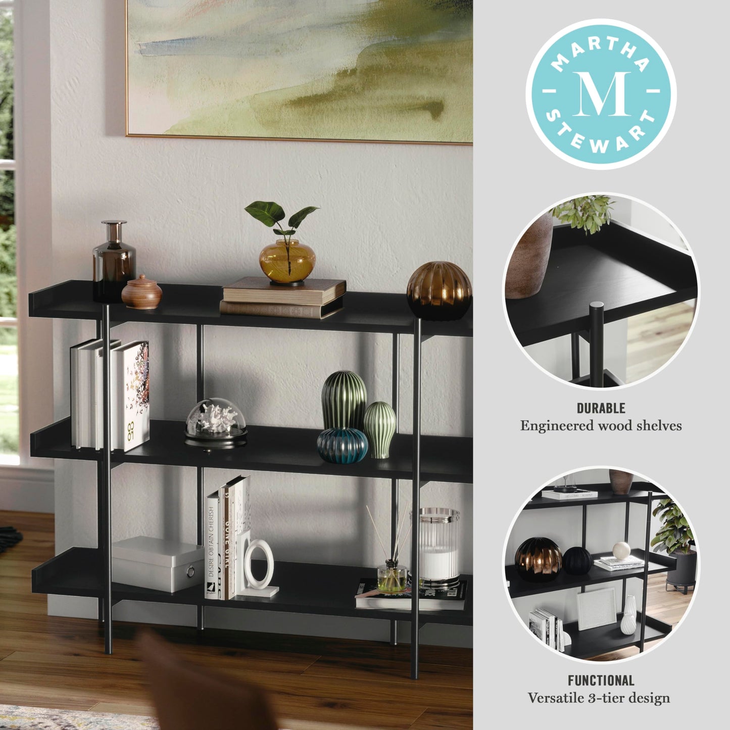 Martha Stewart Emmett 3 Shelf Bookcase with Vertical Metal Frame, Home Office Storage Display Unit, 35" H, Black Wood Grain/Oil Rubbed Bronze