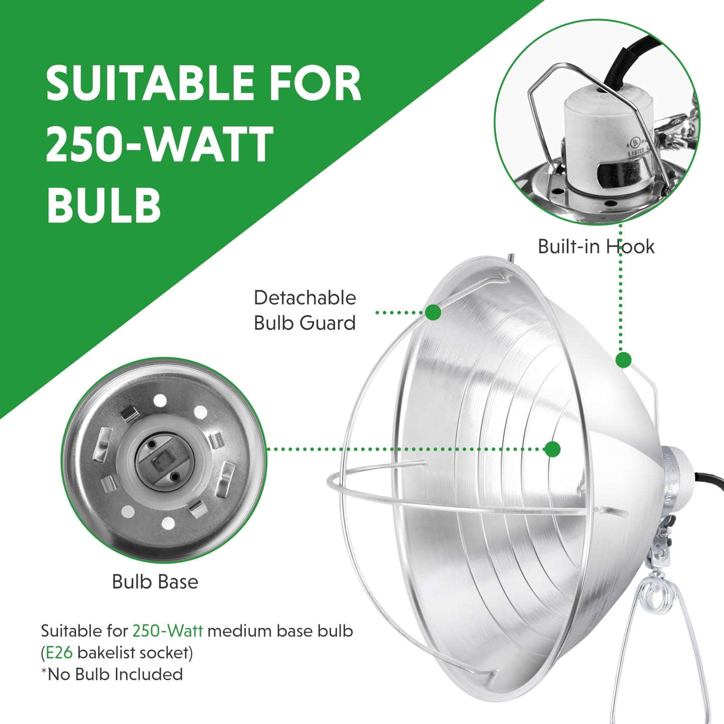 Simple Deluxe Clamp Lamp Light Socket with 10.5 Inch Aluminum Reflector and Bulb Guard, Suit for Max 250 Watt Lamp (No Bulb Included) with 18/2-Gauge 6 Feet Cord, 2-Pack