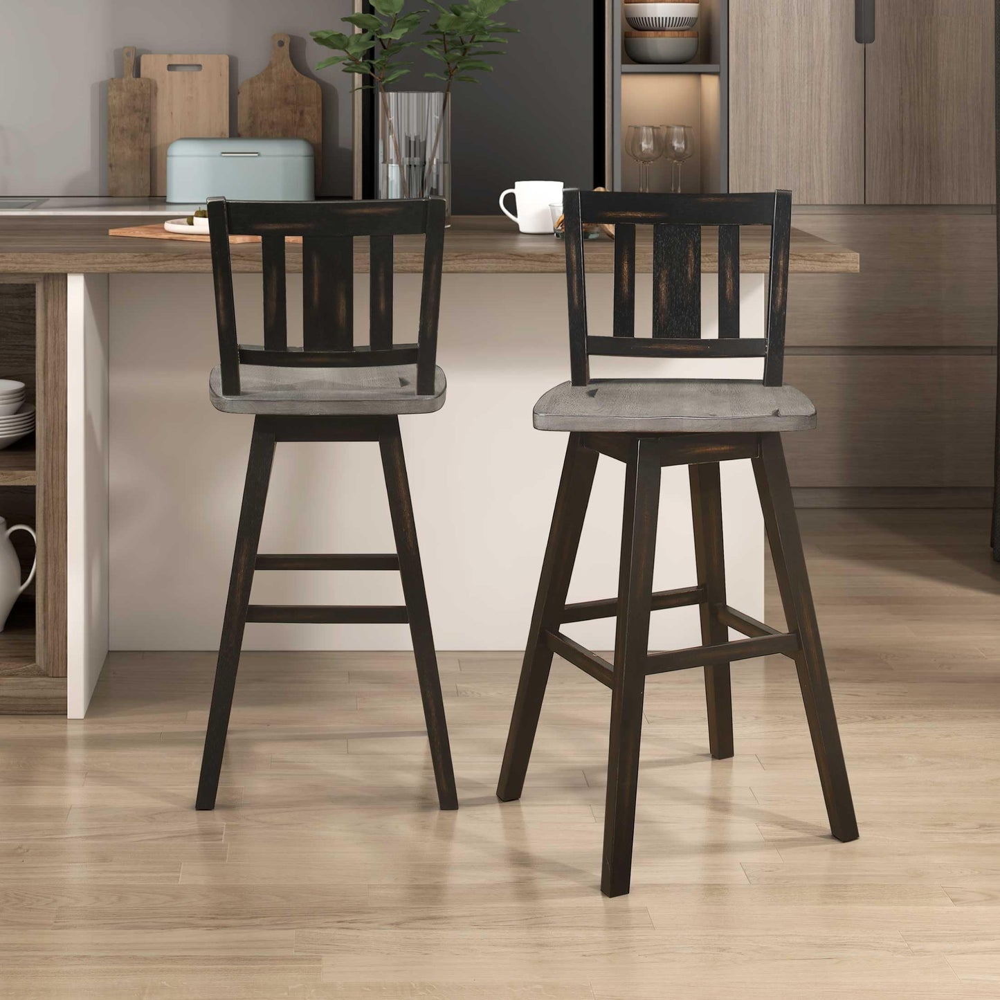 Bar Height Bar Stools Set of 2 - Solid Wood High Back 360° Swivel Wood Stool Pub Height, Foot Rest, Slat Back, Wide Seat, Distressed Farmhouse Easy to Clean Finish, 29 Inch Seat Height Chair Black