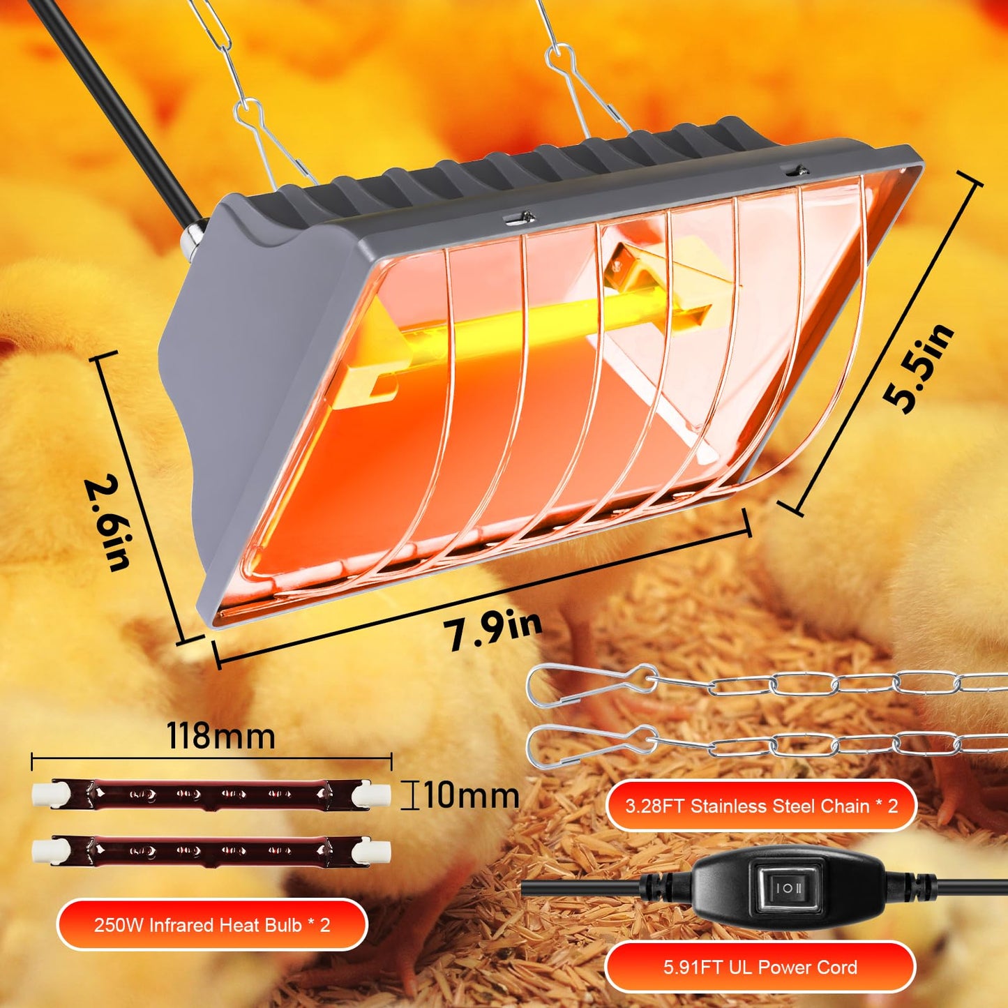 Jaenmsa Chicken Heater 250W,Brooder Heating Lamp for Chicks Coop,Brooder Heater Warmer Lamp w/ 2Pcs Infrared Heat Bulbs,2 Adjustable Temp(250/175w) & Hight for Poultry Coop, Small Pets Indoor Warmer