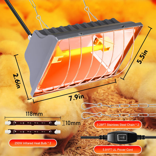 Jaenmsa Chicken Heater 250W,Brooder Heating Lamp for Chicks Coop,Brooder Heater Warmer Lamp w/ 2Pcs Infrared Heat Bulbs,2 Adjustable Temp(250/175w) & Hight for Poultry Coop, Small Pets Indoor Warmer