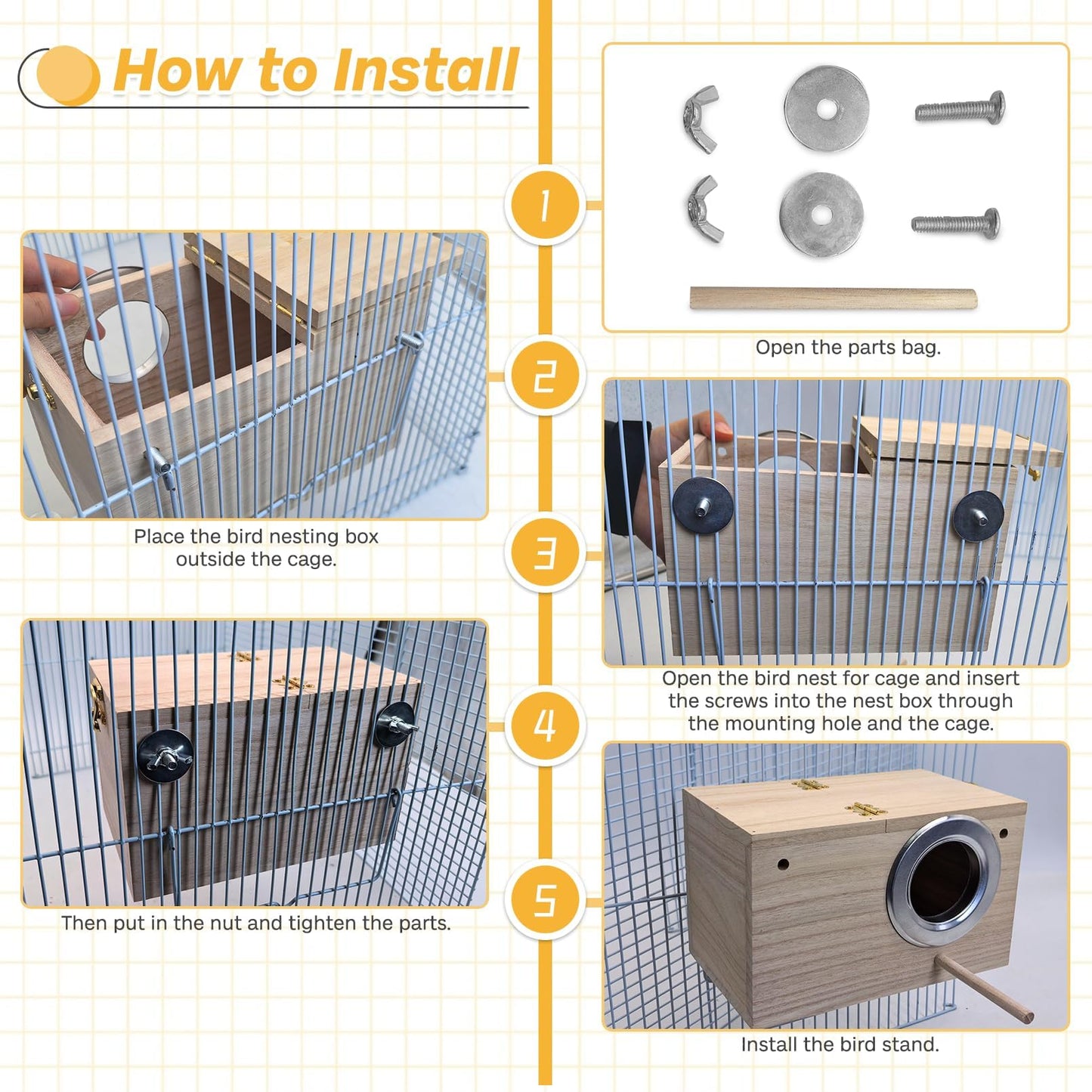 PINVNBY Parakeet Nesting Box Bird House for Cage Wood Mating Box Bird Breeding Box for Lovebirds, Cockatoo, Budgie, Finch, Canary Small and Medium Sized Birds (L:9.8 * 5.3 * 5.3 inch)