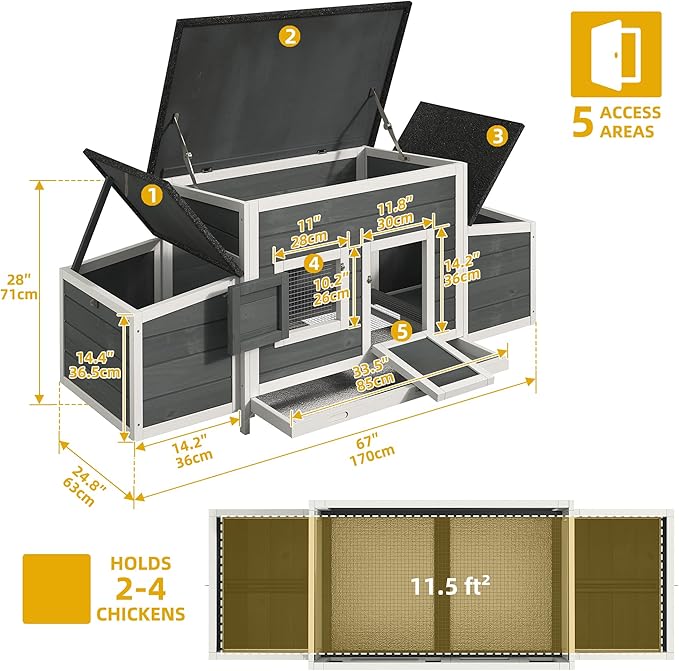 DWVO Solid Wood Chicken Coop for 4-6 Chickens, Outdoor Wooden Chicken Run Pen with 2 Nesting Boxes, Poultry Cage Rabbit Hutch Duck Coop Hen House w Weatherproof Roof & Removable Tray, Grey