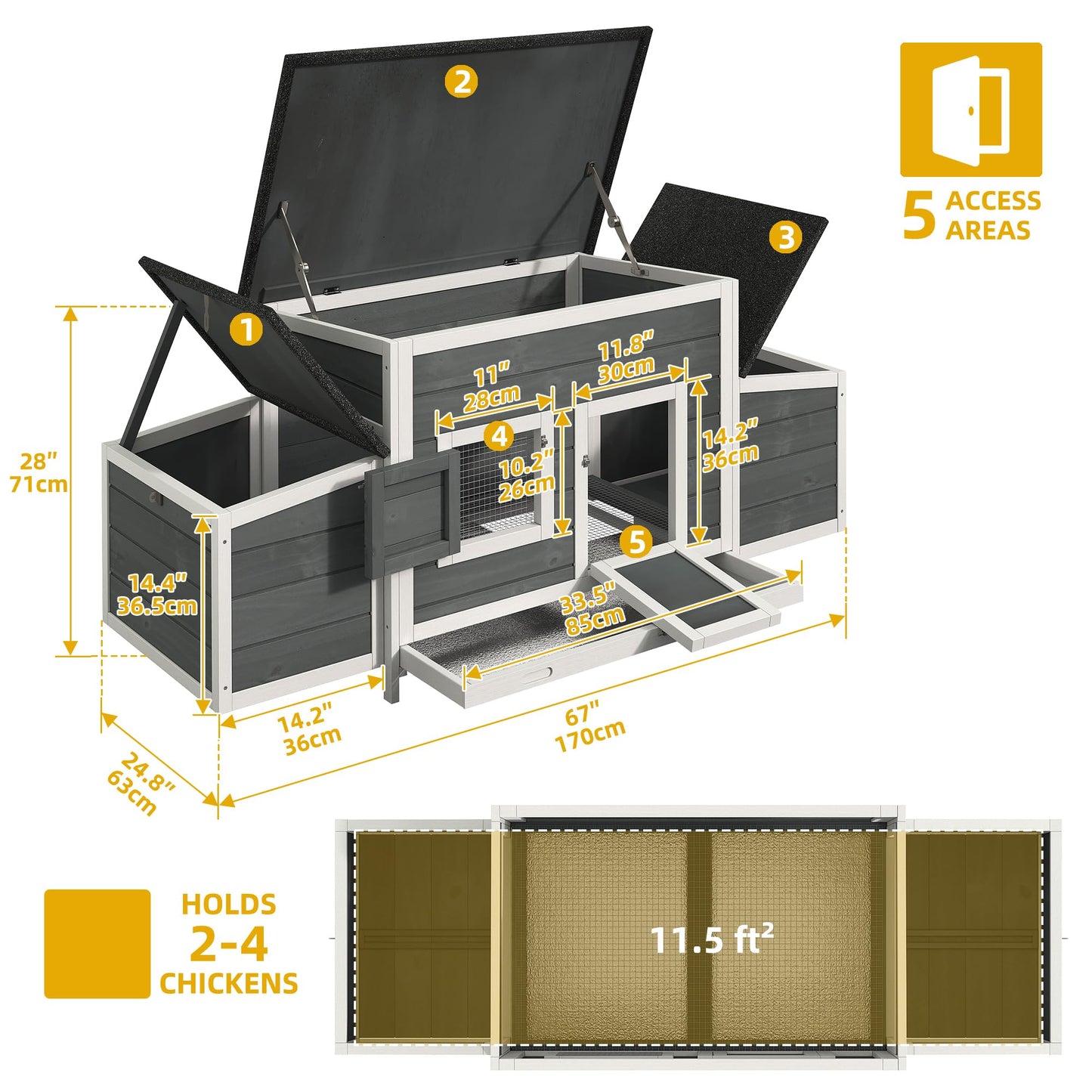 DWVO Solid Wood Chicken Coop for 4-6 Chickens, Outdoor Wooden Chicken Run Pen with 2 Nesting Boxes, Poultry Cage Rabbit Hutch Duck Coop Hen House w Weatherproof Roof & Removable Tray, Grey