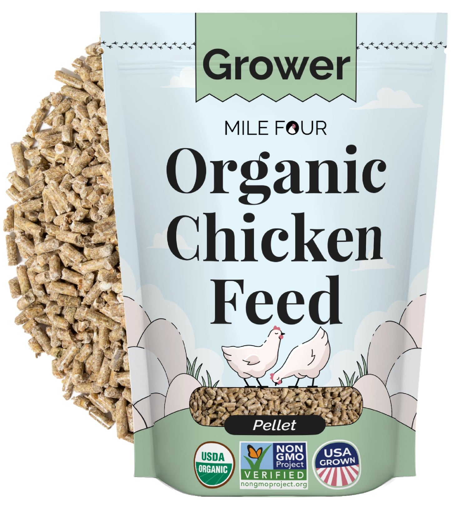 Mile Four Organic Chicken Feed – Grower Pellet, Non-GMO, USA Grown, 18% Protein, Corn-Free, Soy-Free, Non-Medicated Feed for Chickens, 2 lb Sample