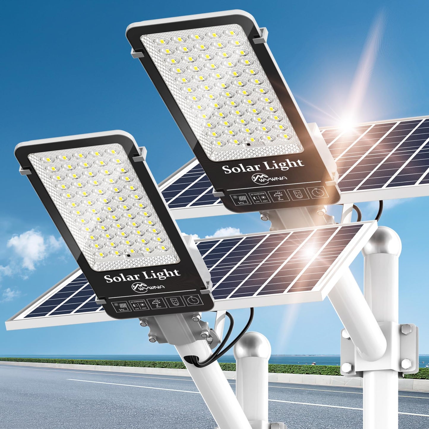 WYWNA 2 Pack 8000W +2PACK 6000W Solar Street Lights Outdoor - 6500K Solar Parking Lot Lights Commercial Dusk to Dawn, Heavy Duty Split Type LED Solar Street Light Remote Control