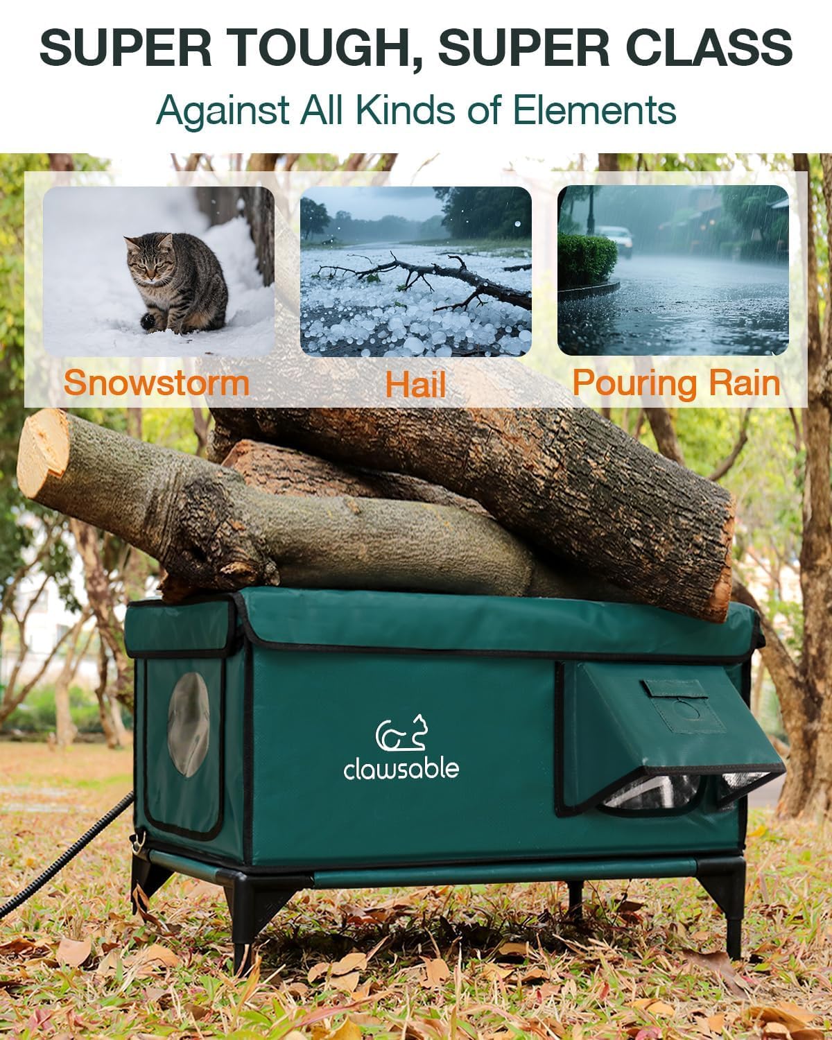 Indestructible Heated Cat House for Outside Winter, 100% Waterproof, Safe Escape Door, Insulated Outdoor Cat Shelter with Heater for Feral Barn Cat Kitty (Forest Green, 12"x16"x18")