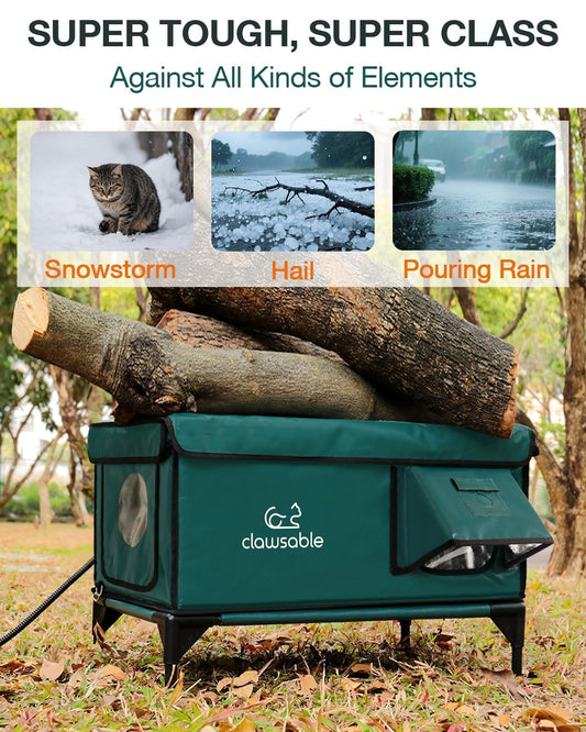 Indestructible Heated Cat House for Outside Winter, 100% Waterproof, Safe Escape Door, Insulated Outdoor Cat Shelter with Heater for Feral Barn Cat Kitty (Forest Green, 12"x16"x18")