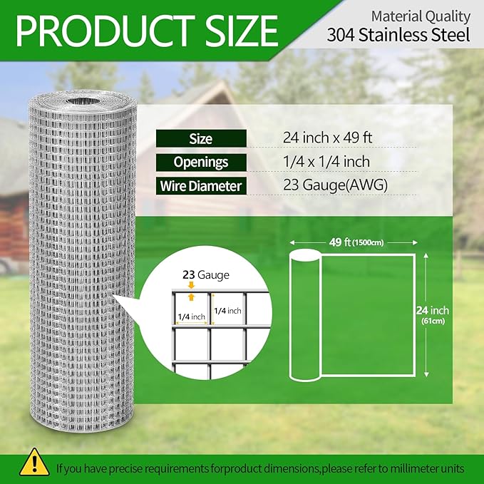 Hardware Cloth 1/4 inch 23 Gauge Large Size 304 Stainless Steel mesh Chicken Wire Welded Fencing Wire Mesh Roll Garden Fence 24in×49ft