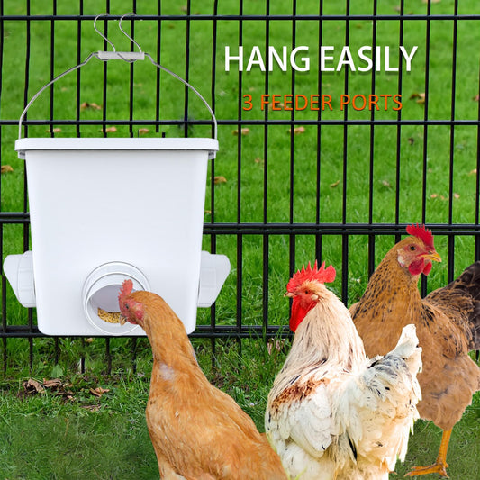 Automatic Chicken Feeder 20lb Chicken Feed Container Bucket with 3 Rainproof Feeder Ports Hanging Poultry Feeder for Chick Duck Hen Chicken Coop Accessories Kit