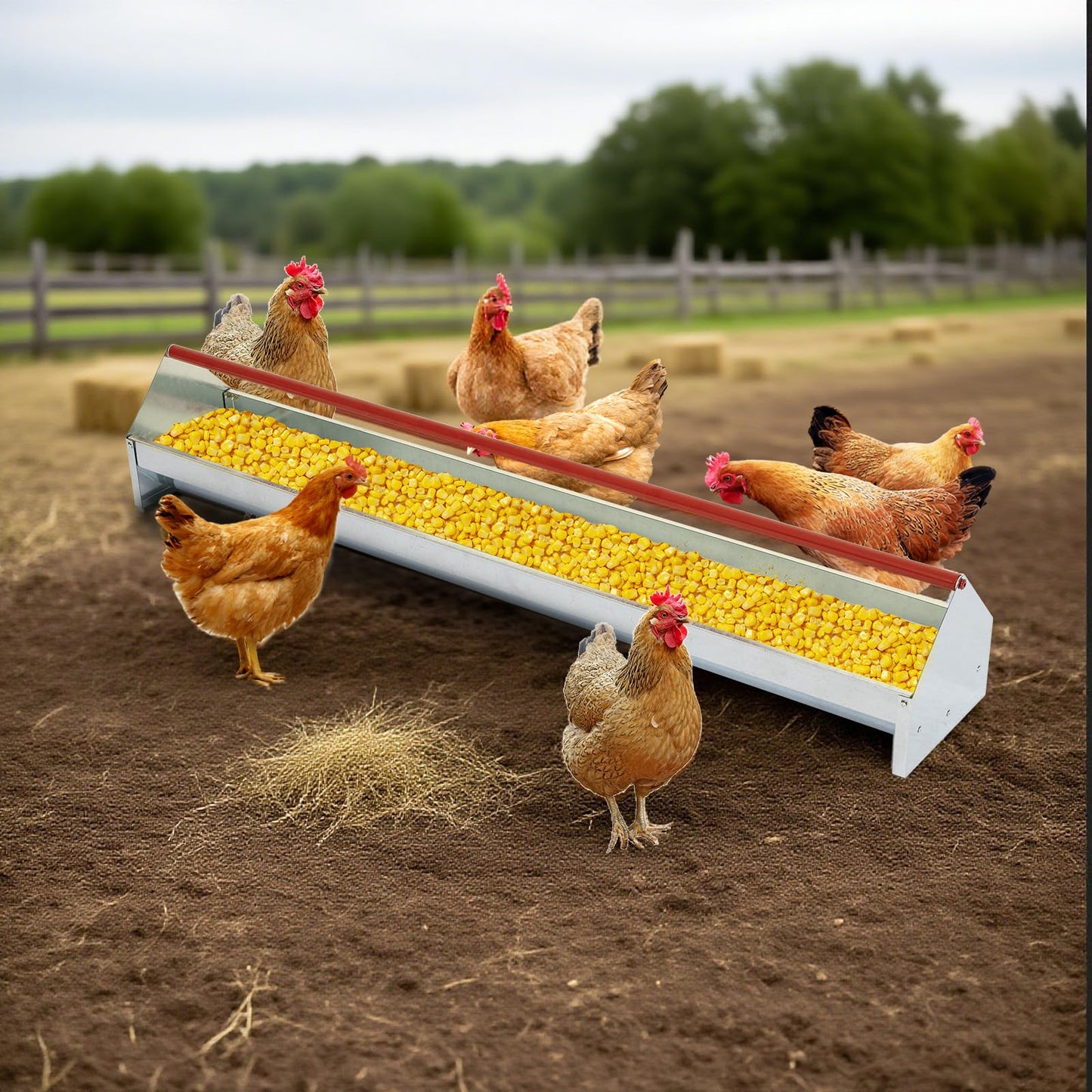 Chicken Feeding Trough 45", Heavy Duty Galvanized Steel Poultry Feeder with Red Crossbar & Drainage Holes, Large Capacity Feeder Trough for Chicken, Duck, Goose, Turkey, Rabbit, Pigeon