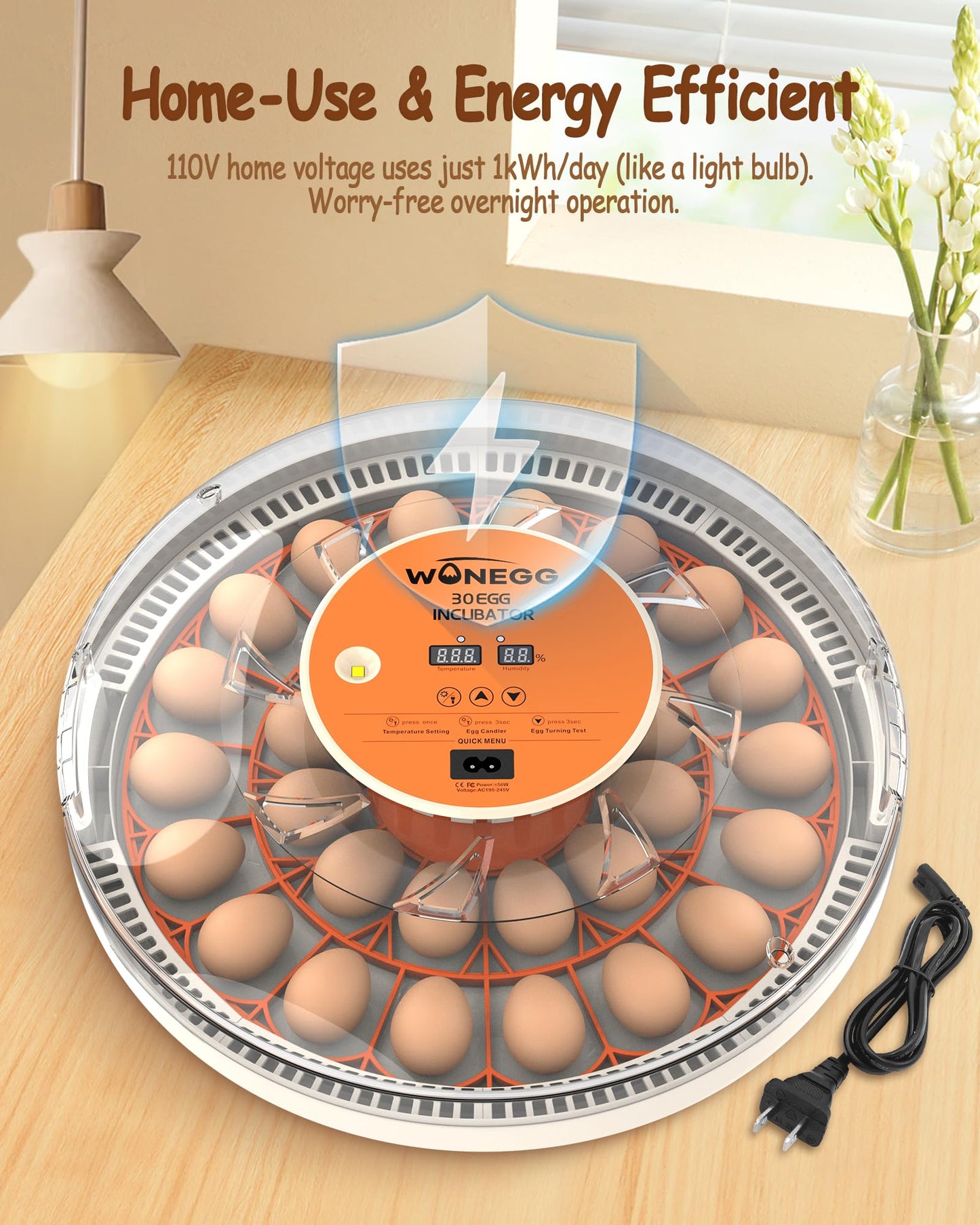 WONEGG 30 Egg Incubators for Hatching Eggs with Automatic Egg Turner, Auto Temperature Control, LED Candling, Humidity Monitor, 360° Viewing for Chicken Quail Parrot Birds