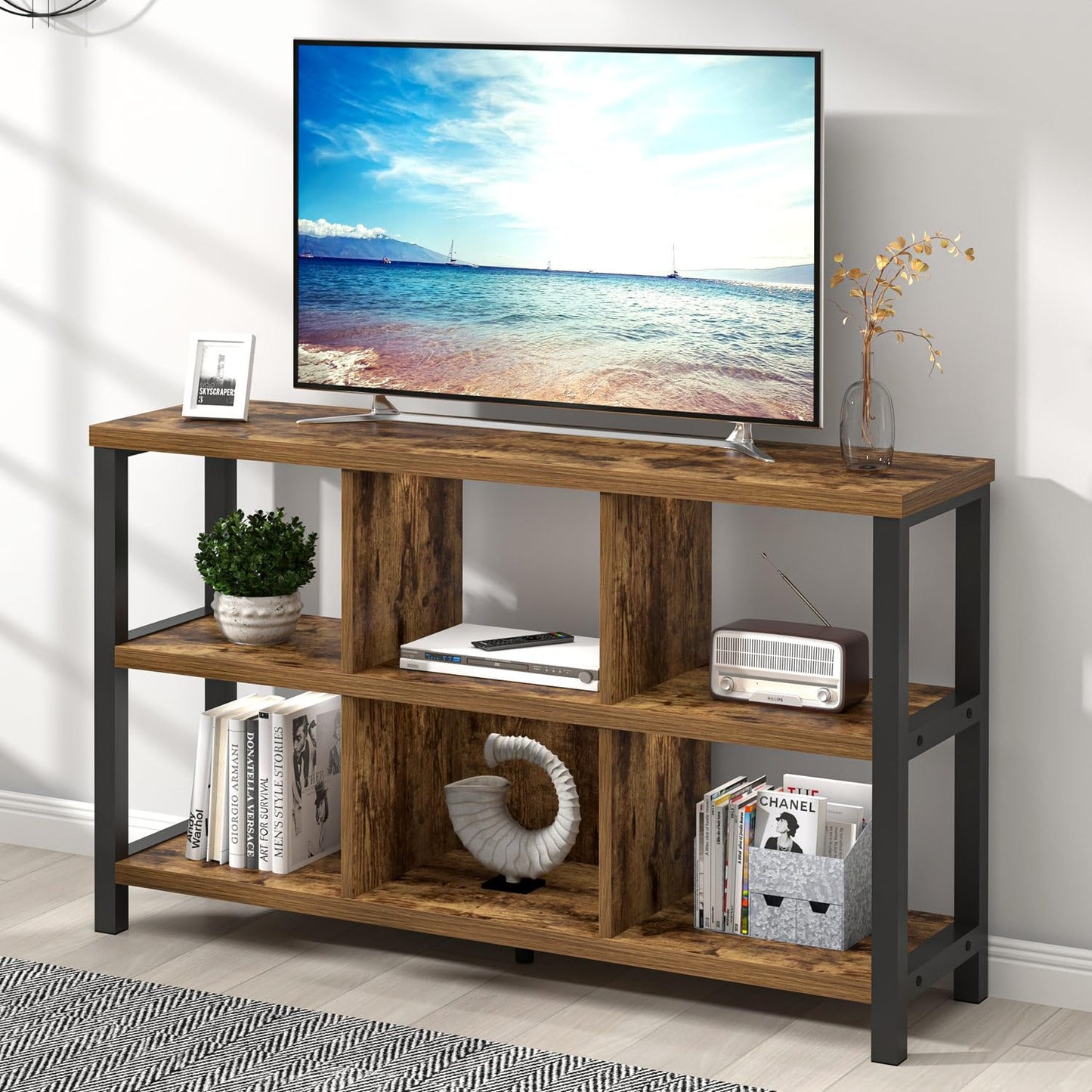 FOLUBAN Industrial Horizontal Bookshelf, 6 Cube Storage Organizer with Shelf, Wood and Metal Cubby Bookcase for Living Room Bedroom, Rustic Brown, 47 Inch