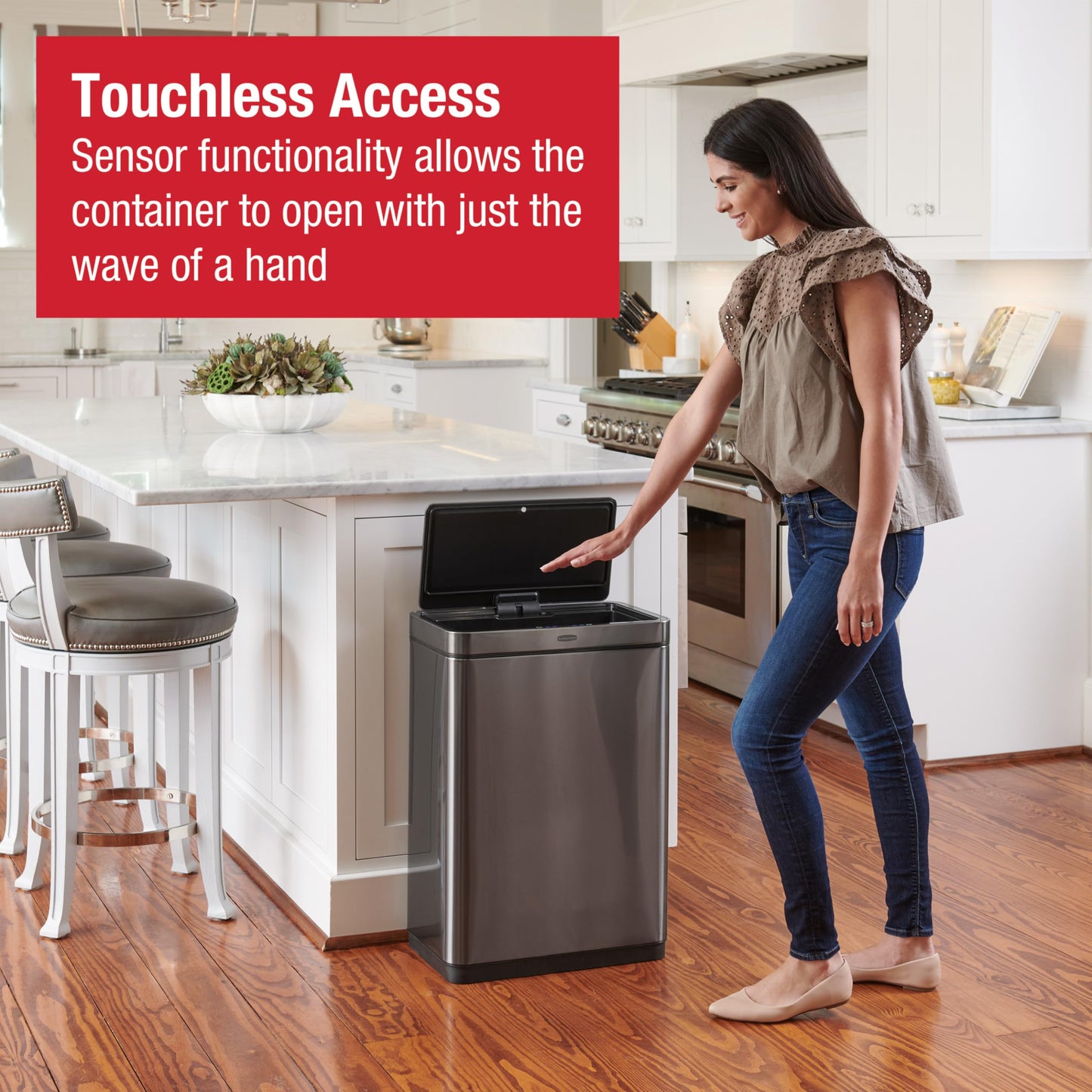 Rubbermaid Elite Stainless Steel Sensor Trash Can for Home and Kitchen Batteries Included 12.4 Gallon Charcoal for Home/Kitchen/Hotel/Lobby/Office