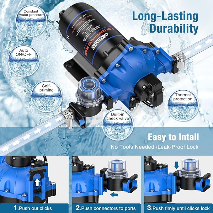 CrestWave 110V Water Pressure Booster Pump, 7GPM 70PSI, 5-Chamber Diaphragm Pump with Quick Connect Ports, Self-Priming Water Pump with Pressure Switch & Strainer for RV, Domestic, Irrigation, Marine