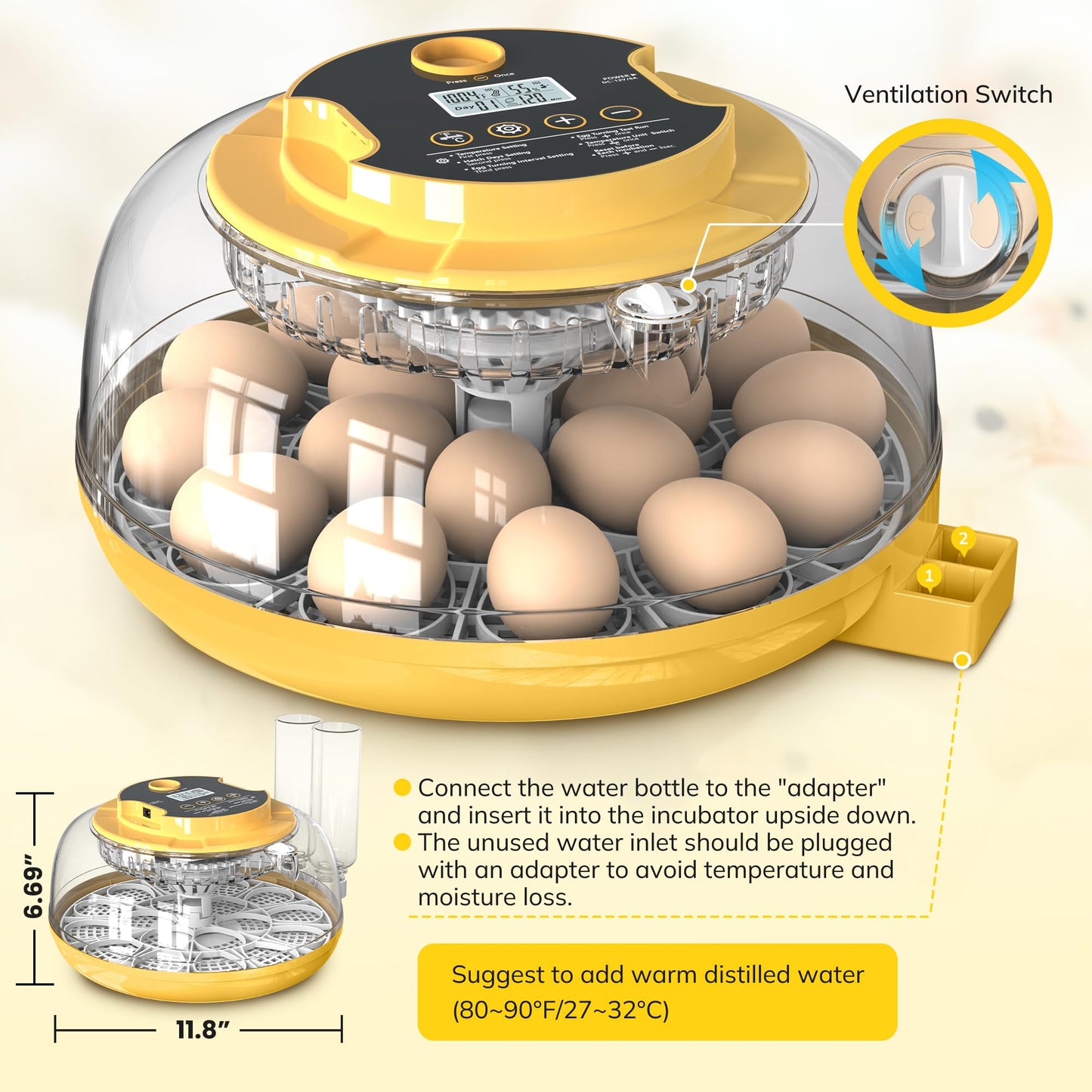 18 Egg Incubator with Automatic Egg Turning and Humidity Control, Chicken Incubator for Hatching Eggs with Temperature Display, Auto Record, Egg Candler, Extra 2 Water Bottles & 2 Egg Trays