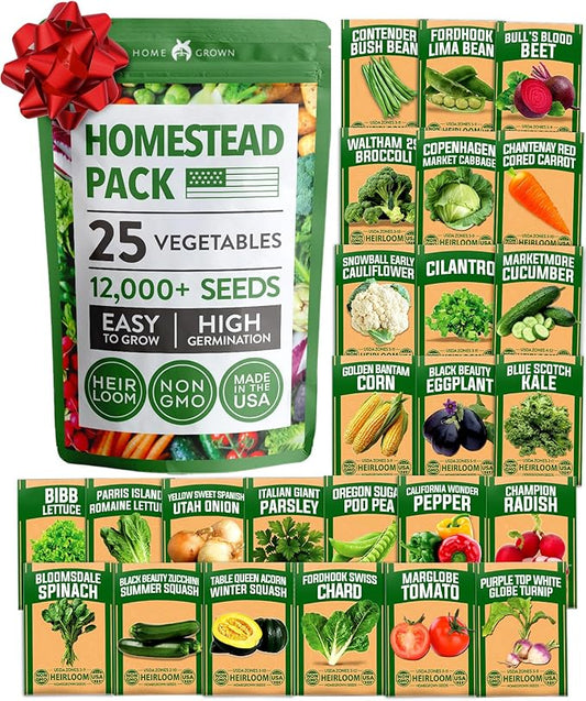 HOME GROWN 𝗨𝗦𝗔 𝗣𝗥𝗘𝗠𝗜𝗨𝗠 25 Heirloom Vegetable Seeds Kit - 14,200+ NON-GMO Seeds for Planting Vegetables, Survival Garden Seed Vault, Tomatoes Carrots Beans Kale Peppers, Indoor Outdoor Garden