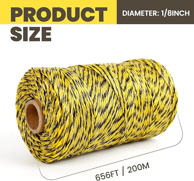 Electric Fence Wire 1/8'' 656 Feet/200 Meters, UV Wear Rust Resistant, Upgraded 6 Stainless Steel Strands Conductors, Portable Polyrope Electric Fence Polywire for Livestock