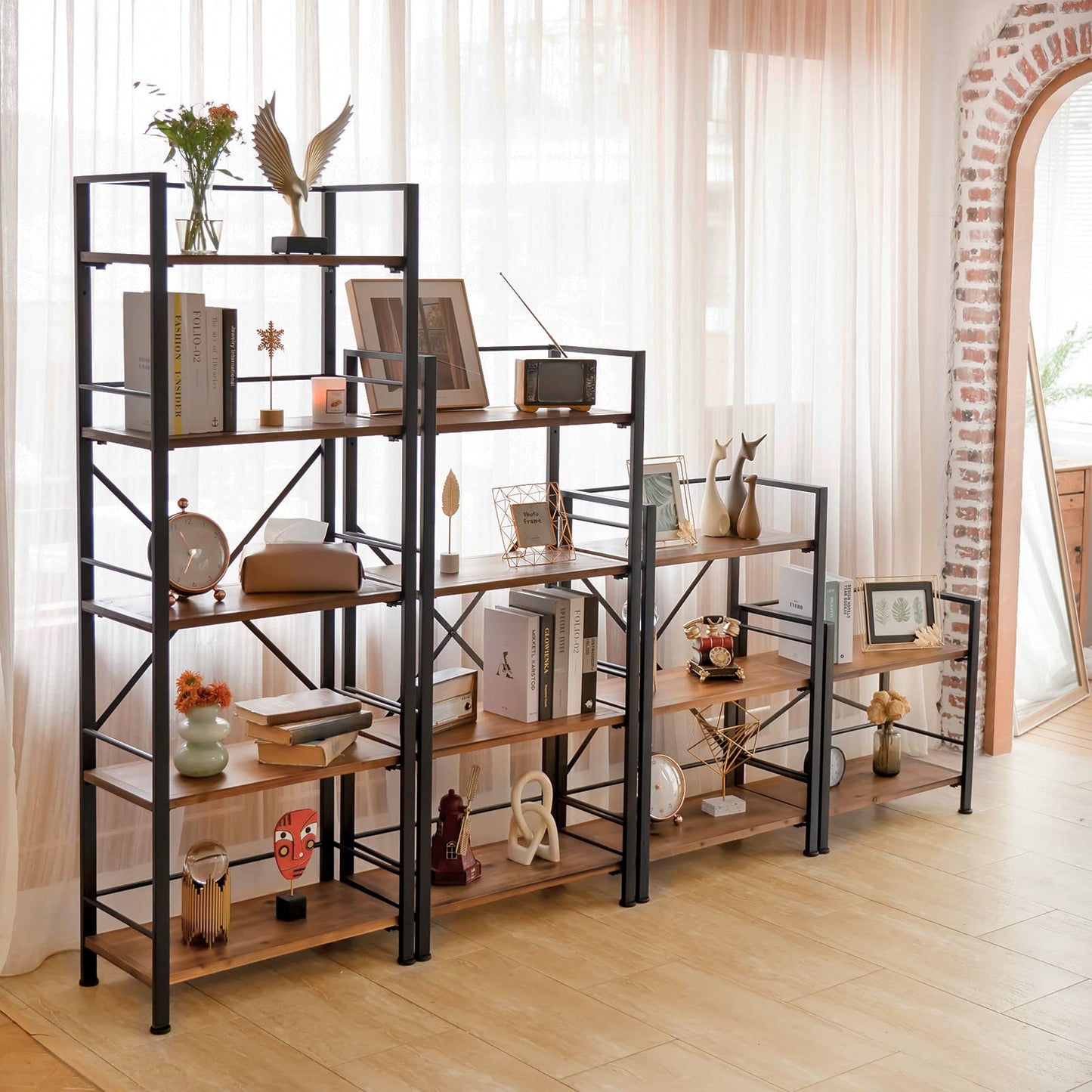 Crofy Rustic Bookshelf, 4 Tier Real Wood Bookshelf, Metal Book Shelf for Storage, Black Bookcase, 12.6" D x 23.62" W x 50.39" H