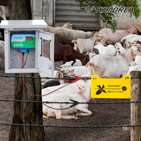ATMOREA Electric Fence Charger 11kV Powerful Energizer ，2 Joules Energy Output with LED Display - Multi-Powered Ideal for Livestock, Pet, Poultry, Gardens, Orchards Protection