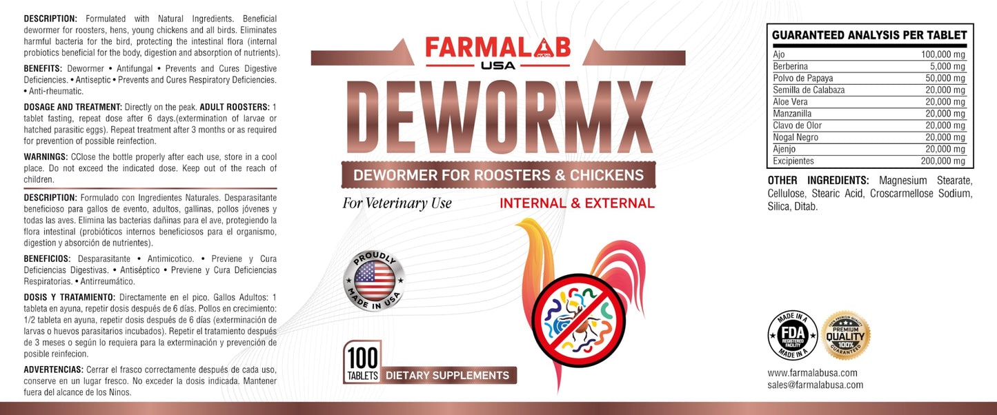 Farmalab Natural Dewormer Internal & External 100 Tabs Poultry NO Egg Withdrawal Needed - Vitamin for Poultry Rooster Hen Chicken Baby Chick