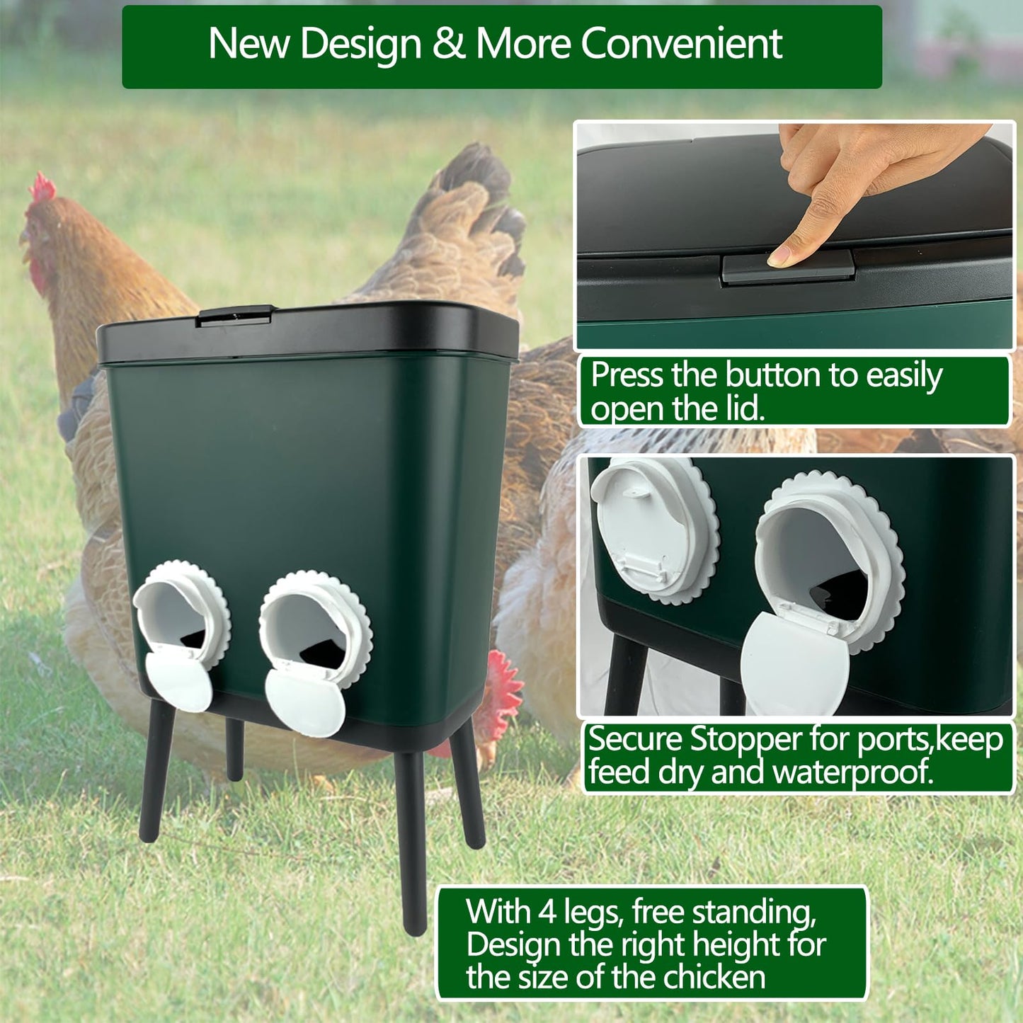 33 LB Automatic Chicken Feeder No Waste with 4 Pcs Port Large Capacity Free-Standing Poultry Food Feeder Outside and Indoor DIY Gravity Poultry Feeding Dispenser for Chicken Geese Quails and Turkeys