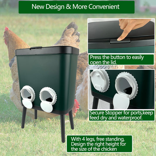 33 LB Automatic Chicken Feeder No Waste with 4 Pcs Port Large Capacity Free-Standing Poultry Food Feeder Outside and Indoor DIY Gravity Poultry Feeding Dispenser for Chicken Geese Quails and Turkeys