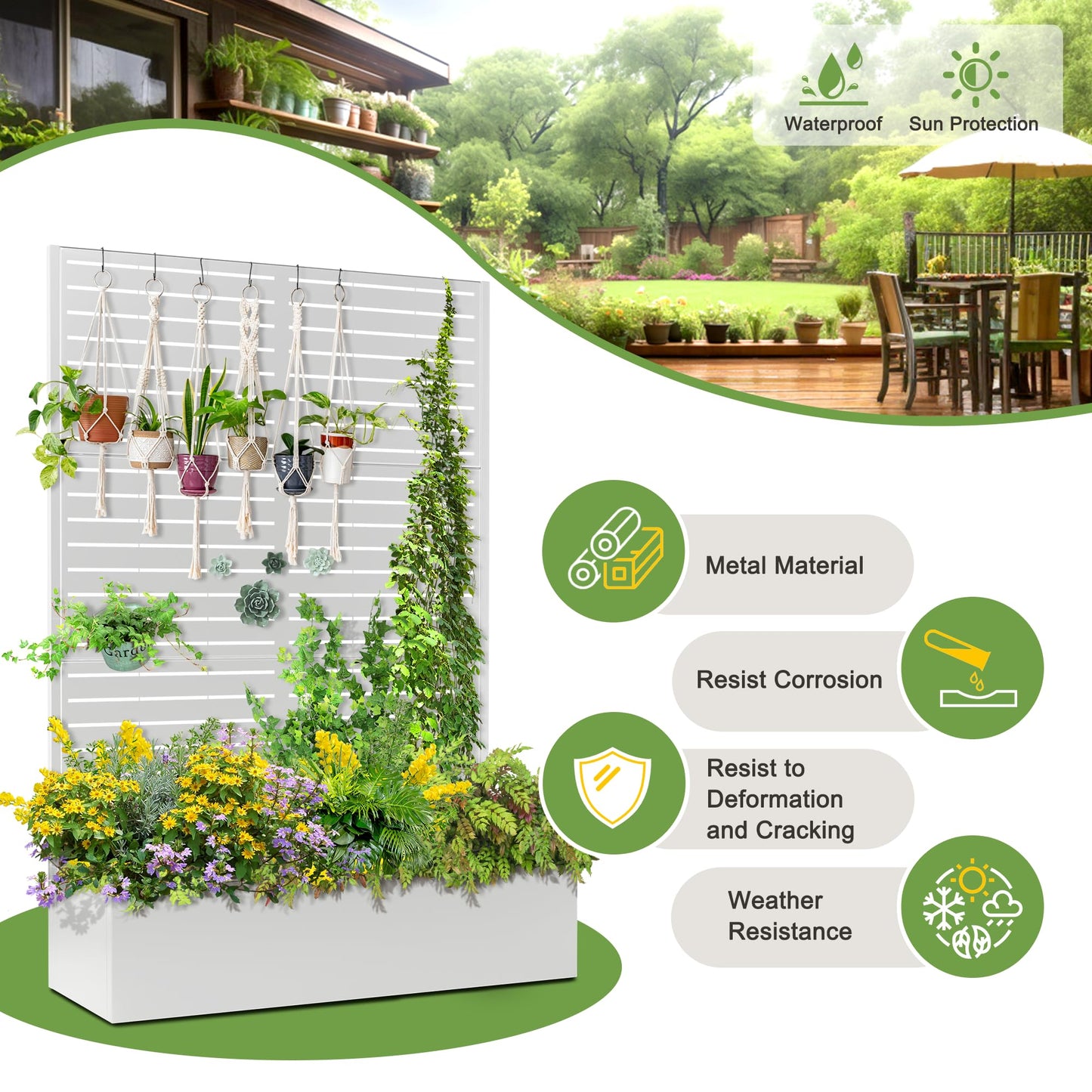 FENCY Metal Raised Garden Bed with Trellis, Metal Planter Box with Trellis, Garden Box for Climbing Plants Vegetable, 47" Lx16 Wx71 H Garden Bed with Drainage Holes(White-Louvered)