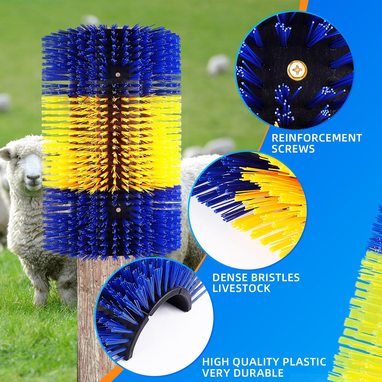 Extra Large Size Livestock Scratching Brush, Upgraded Horse/Goat/Cow/Cattle Scratcher Brush for Grooming, Itch Relief Horse Scratcher Brushes Kit with Two Sets of Mounting Screws(1-Pack,Yellow)