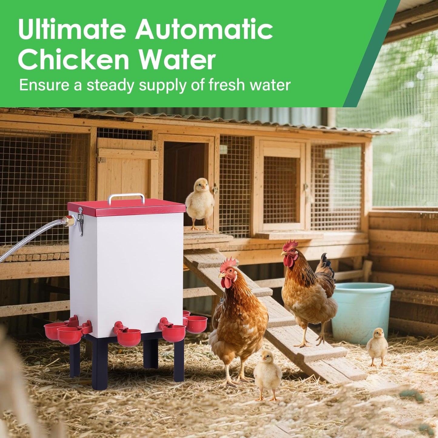 3 Gallon Chicken Waterer,Stainless Steels Automatic Chicken Waterer Feeder with Float Valve,Water Cups, Bottom Bracket and Hose (One End 3/4") Poultry Waterer Dispenser for Quail Duck Goose Turkeys