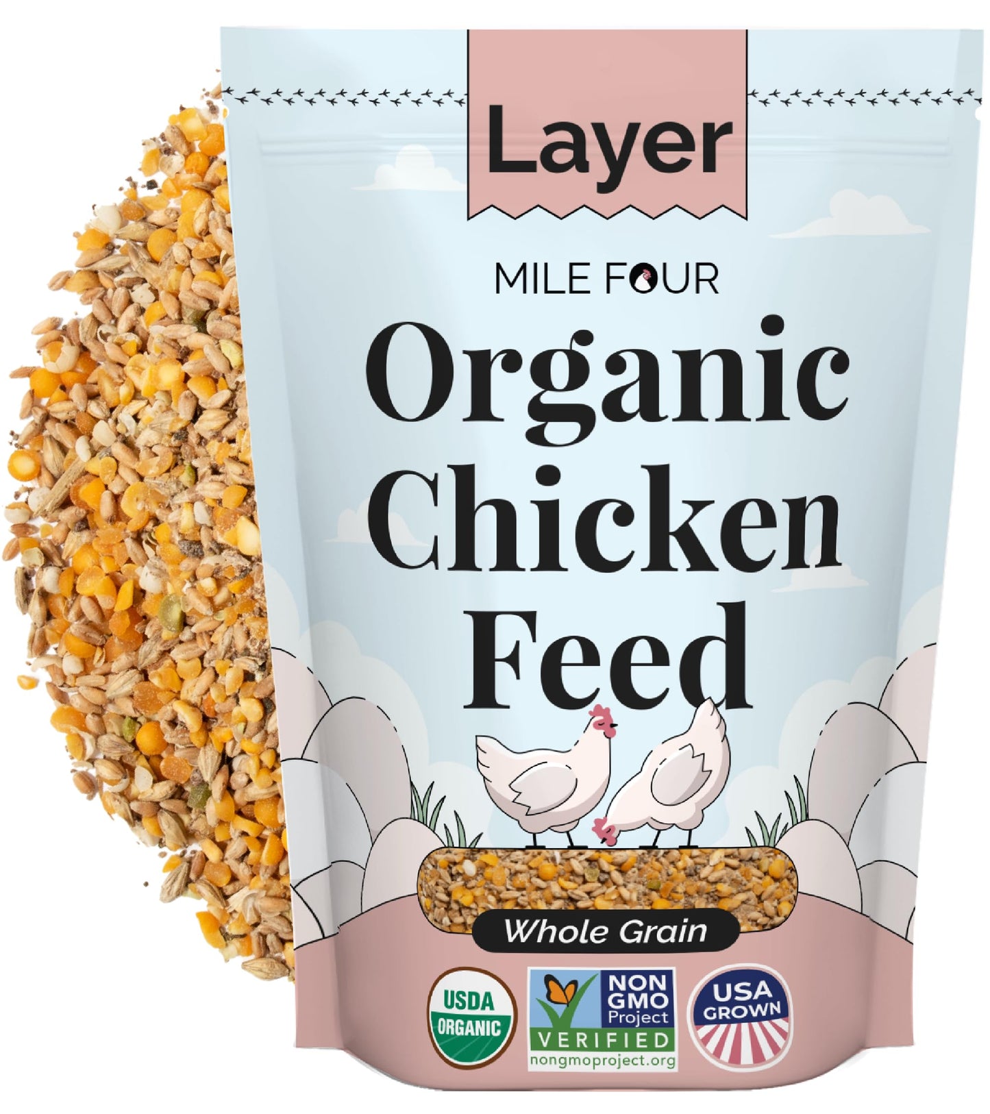 Mile Four Organic Chicken Feed – Layer Whole Grain, Non-GMO, USA Grown, 16% Protein, Corn-Free, Soy-Free, Non-Medicated Feed for Chickens, 2 lb Sample