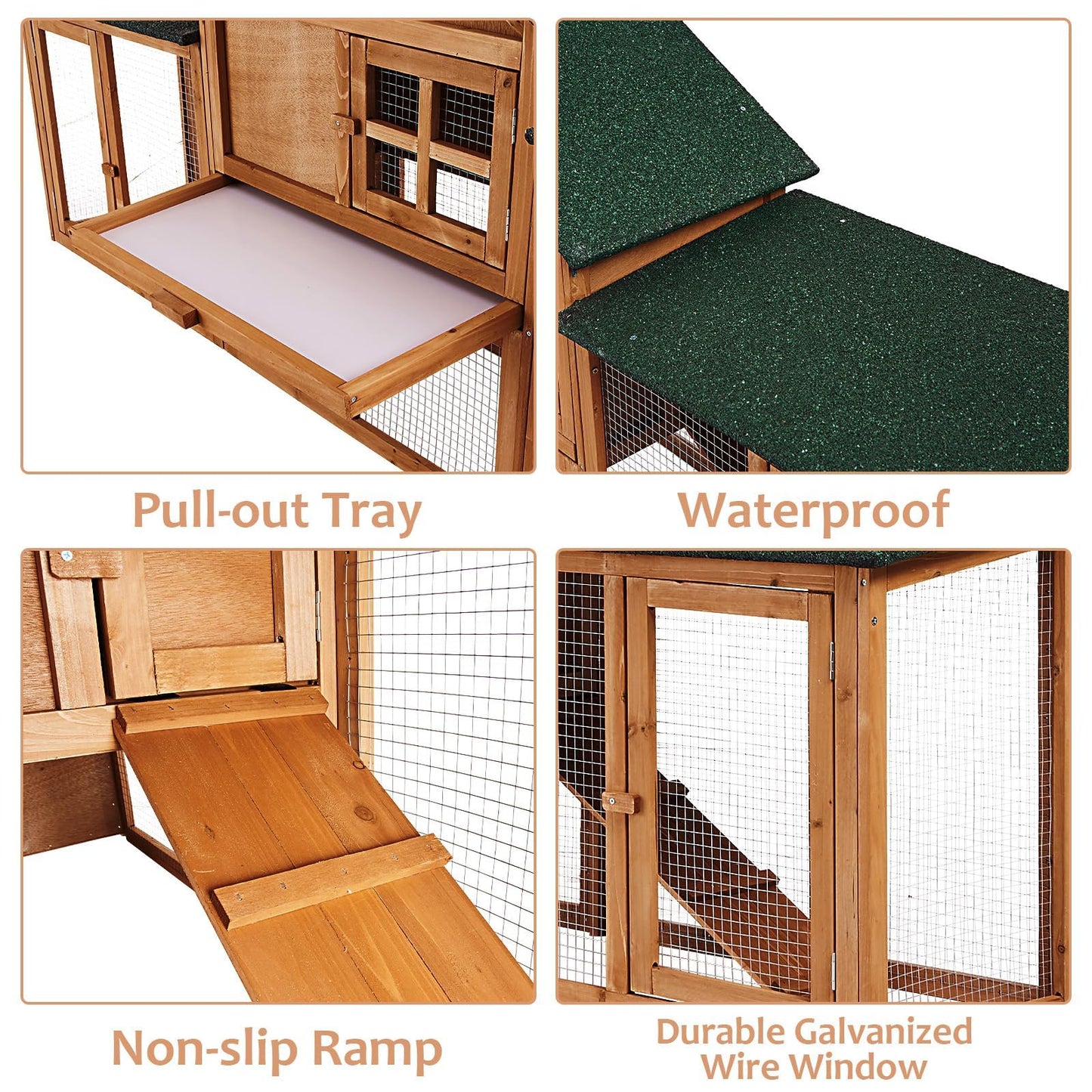 Hipicute 80in Wooden Rabbit Hutch, Outdoor Chicken Coop, Bunny Hutch Guinea Pig Pet House Bunny Cage with Double Side Runs, Weatherproof Roof, Removable Tray, Ramps for Small Animals