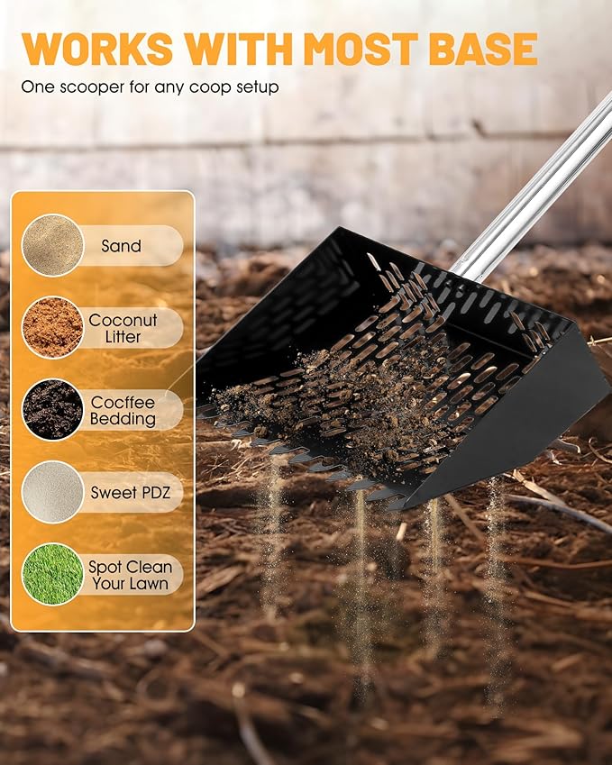 Chicken Poop Scooper & Rake - 2-in-1 Metal Chicken Coop Scoop for Sand with 22 to 62" Adjustable Handle, Litter Sifting Shovel Cleaning Tools for Chicken Run, Animal Farm, Duck Coop Black