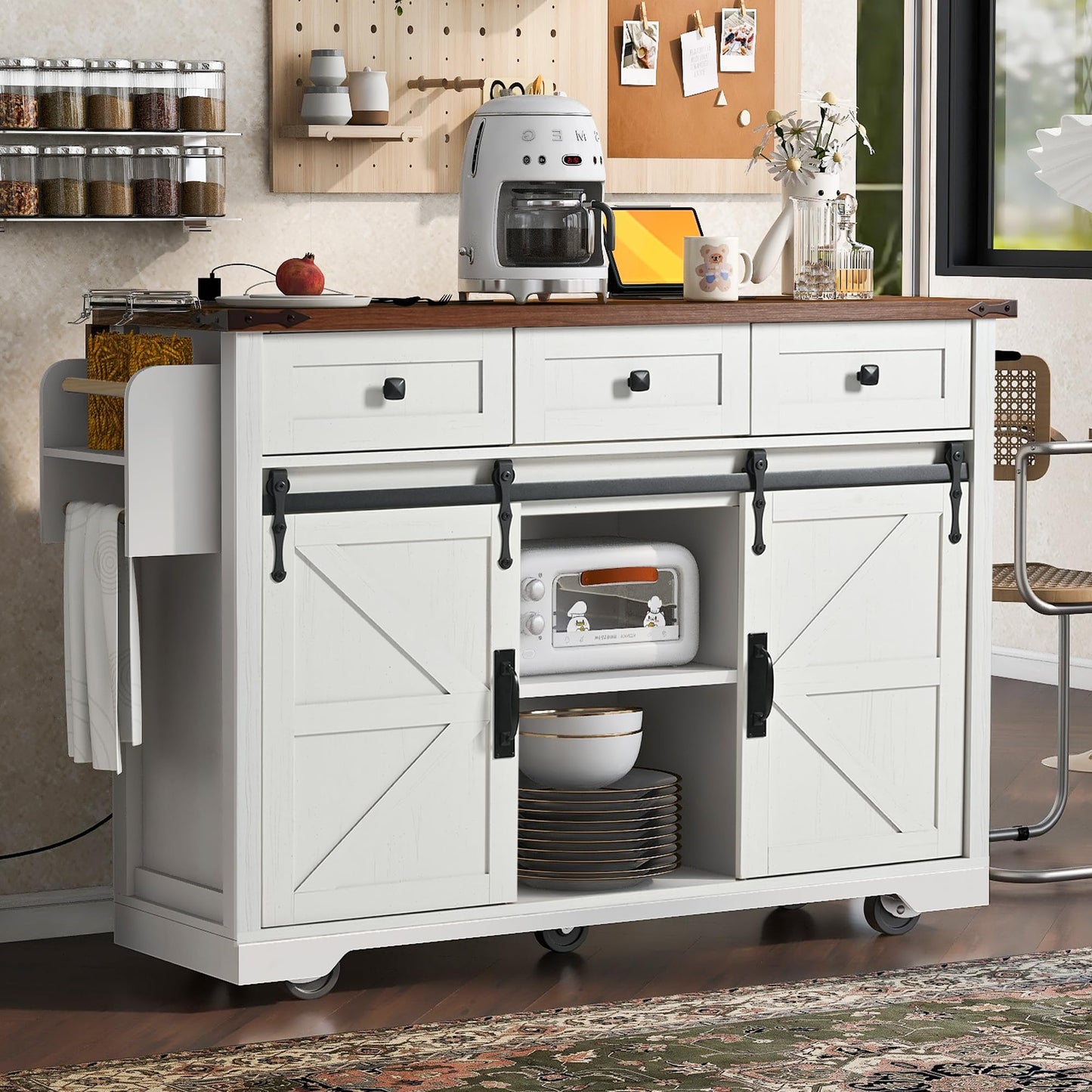 Ball & Cast Farmhouse Kitchen Island Cart with Power Outlet,2 Sliding Barn Doors,3 Adjustable Shelves,Dining Storage Island W/Drop Leaf,Spice Rack,Rolling Cart on Wheels,for Kitchen,Dining Room,White