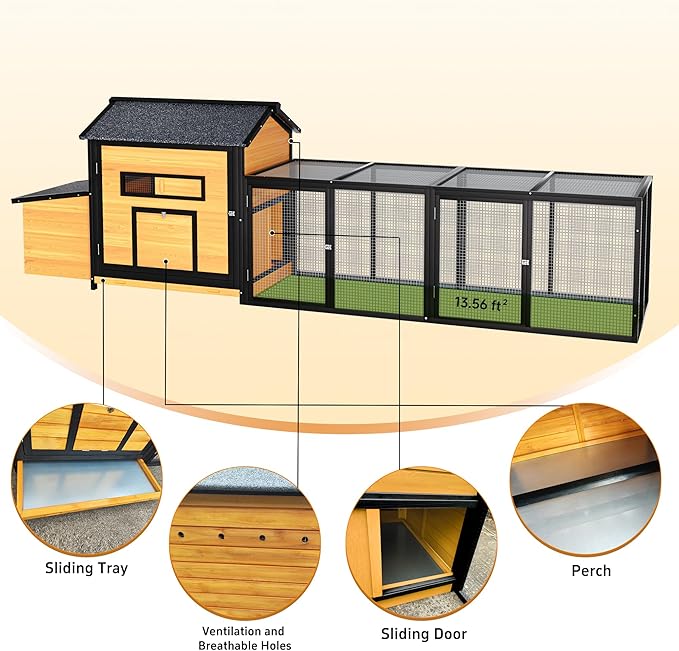 118" Large Wood Chicken Coop,Outdoor Hen House with Nesting Box Poultry Cage,Oversized Enclosed Run,Hen Coop with Leak-Proof Pull-Out Tray,Asphalt Roof & Free-Range Doors,Black+Gold