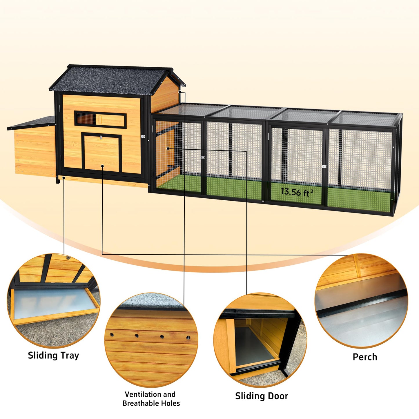 YOPTO 118" Large Wood Chicken Coop,Outdoor Hen House with Nesting Box Poultry Cage,Oversized Enclosed Run,Hen Coop with Leak-Proof Pull-Out Tray,Asphalt Roof & Free-Range Doors,Black+Gold
