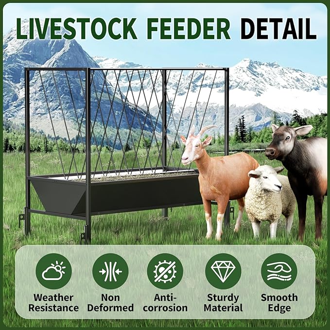 Heavy Duty Hay Feeder for Goats – 45 Gallon Feeder with 24 Gallon Grain Tray for Horses, Calves, and Livestock – Durable Goat Feeder for Farm Use