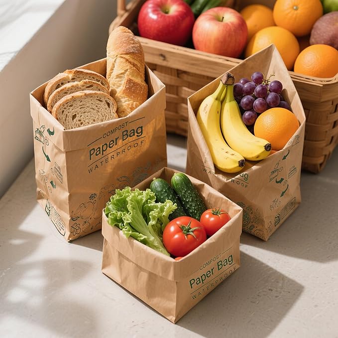 Compostable Paper Bag Leakproof Kitchen Food Waste Bag 30 Bags Waterproof Bin Liner with BPI Certified