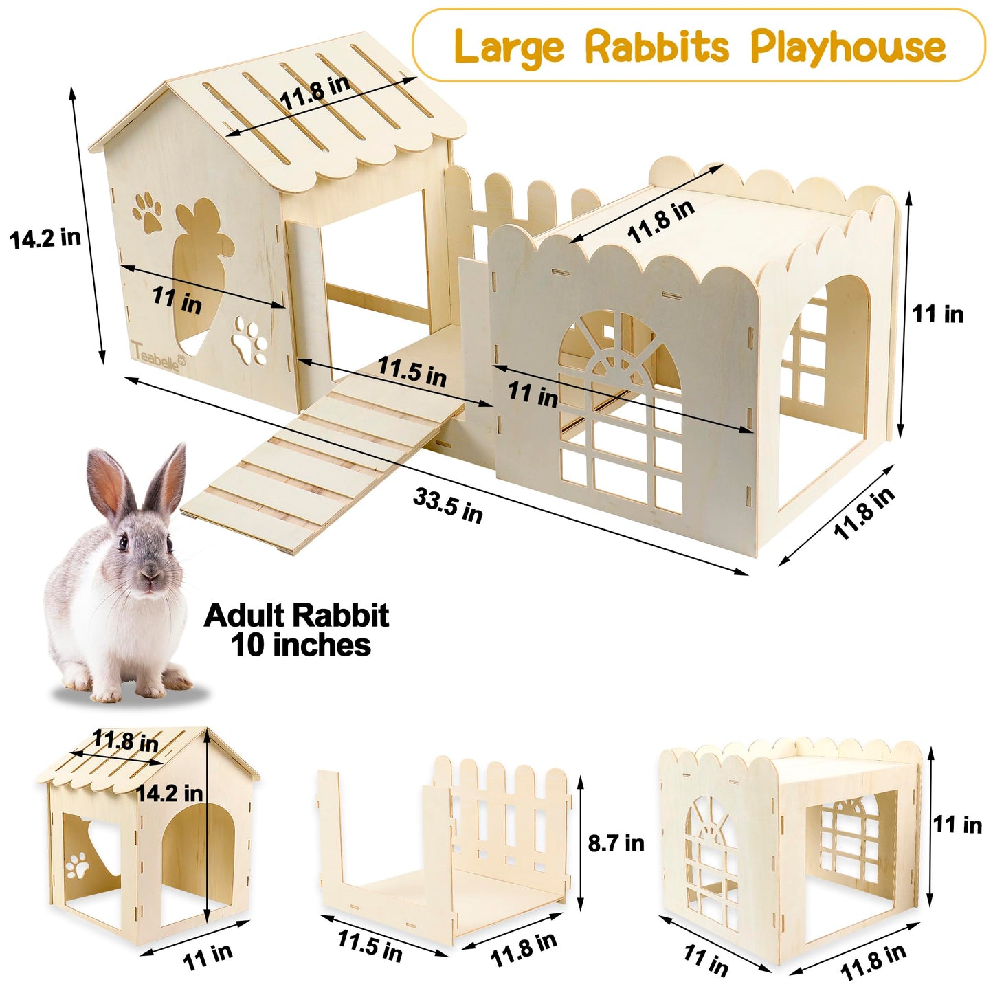Large Rabbit Wooden Hideout House, Multi-Chamber Small Animal Wooden Castle Cage, Bunny Playhouse Habitat Decor Tunnel for Dwarf Rabbit Guinea Pig Chinchilla Hedgehog Squirrel