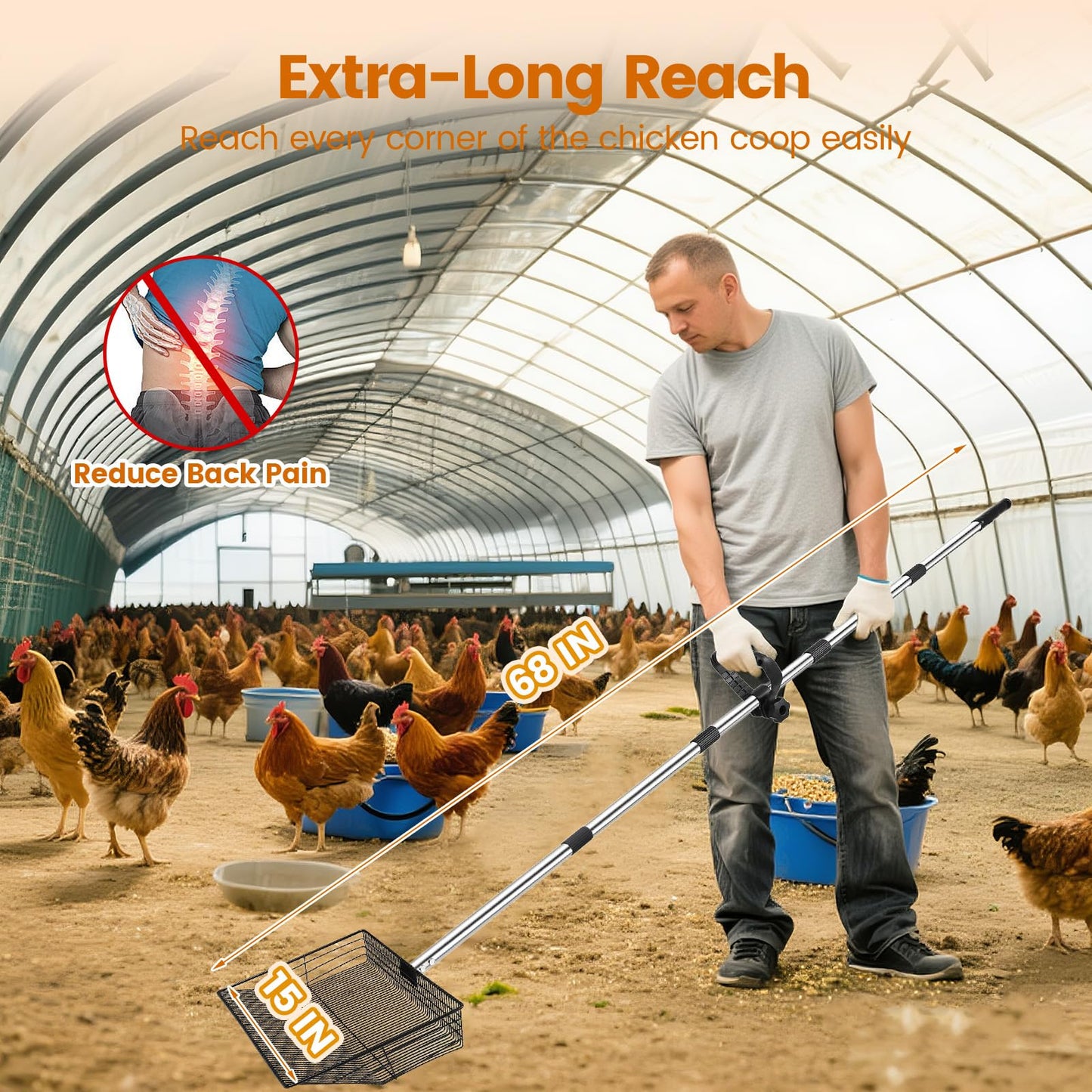 15 inch Extra Large Chicken Poop Scooper with Ergonomic Grip,5-in-1 Heavy Duty Adjustable Coop Scoop for Poop (24 to 68"), Stainless Steel Sifting Litter Shovel Scoop for Chicken Coop