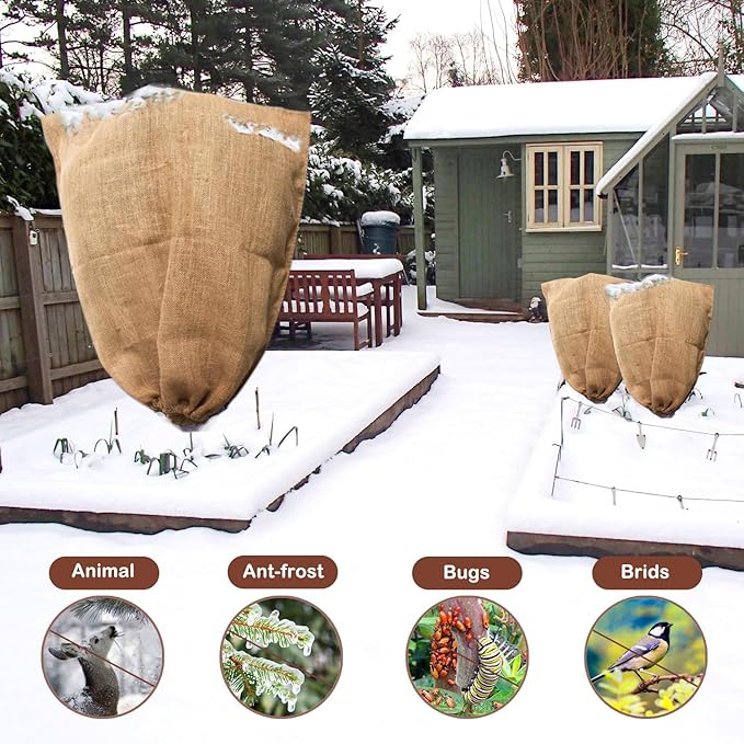 Winter Burlap Plant Cover Bag, Large Burlap Bags with Drawstring, Reusable Jute Sack,Frost Cloth Cold Freeze Protection Cover Bags Tree Freeze Blanket for Outdoor Plants, Shrubs, Bushes(32x47")