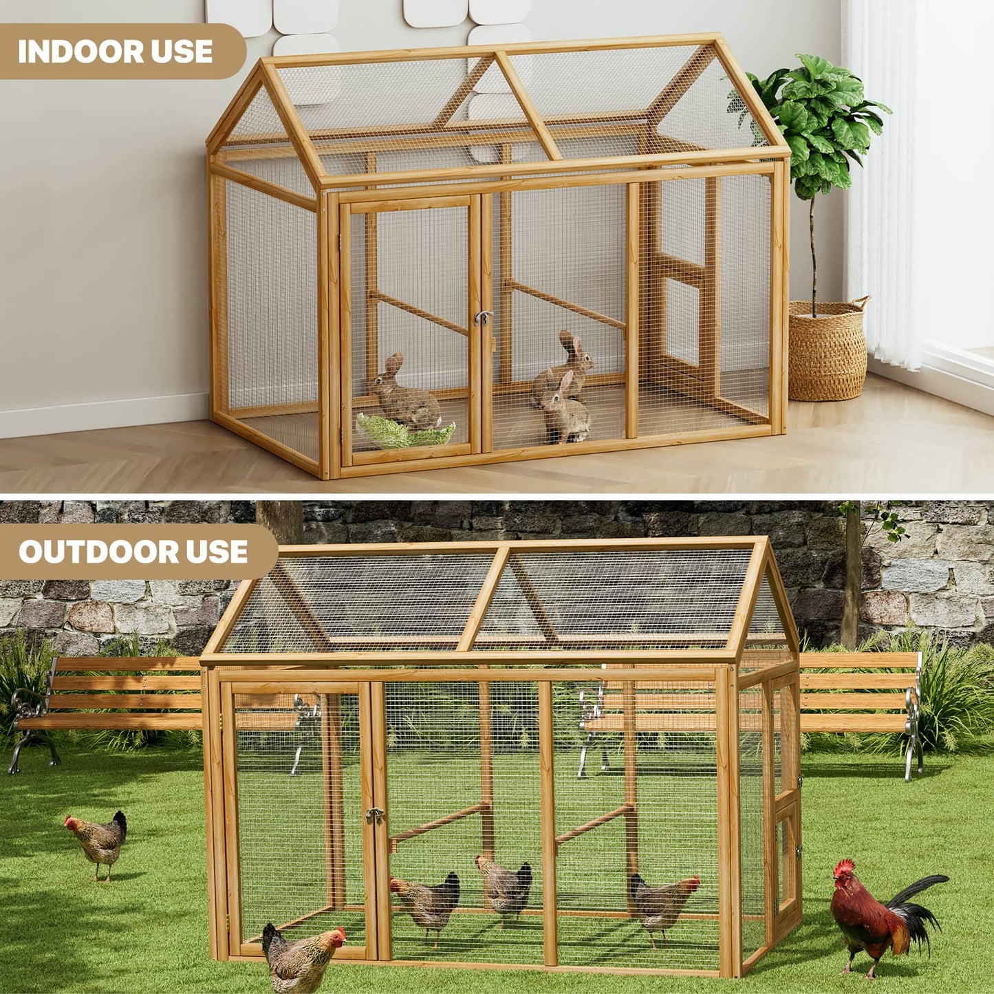 MoNiBloom Outdoor Chicken Coop Large Hen House Poultry Cage with Roosting Rods, Farmhouse Backyard Wood Rabbit Hutch Small Pets Playpens Spire Shaped Coops Triple Access/Feeding Doors 55 x 33.5 x 42.5