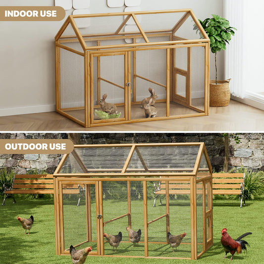 MoNiBloom Outdoor Chicken Coop Large Hen House Poultry Cage with Roosting Rods, Farmhouse Backyard Wood Rabbit Hutch Small Pets Playpens Spire Shaped Coops Triple Access/Feeding Doors 55 x 33.5 x 42.5