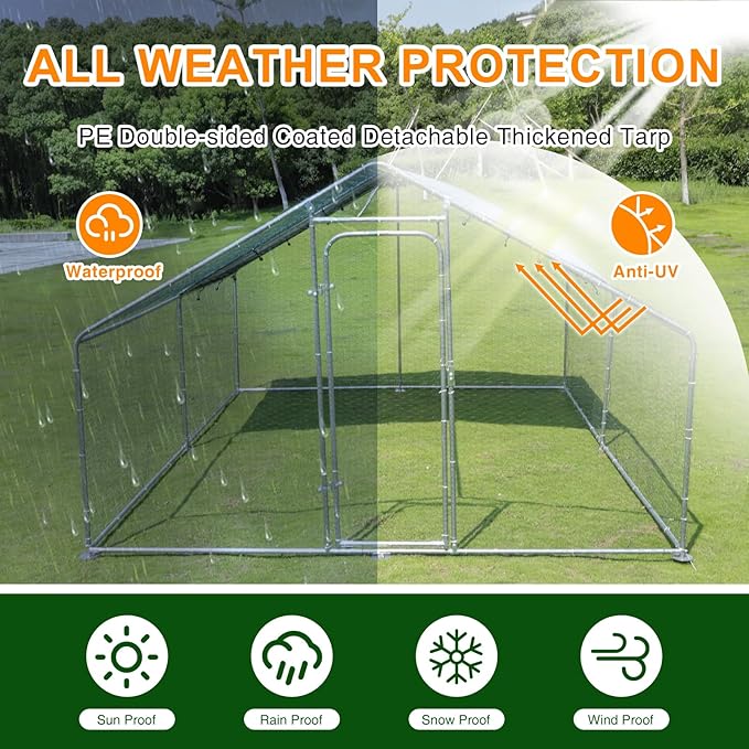 Large Chicken Run Metal Chicken Coop, Outdoor Dog Kennel with Roof Waterproof Anti-UV Cover Secure Lock for Outside Backyard Farm(13.1' L x 9.8' W x 6.56' H)
