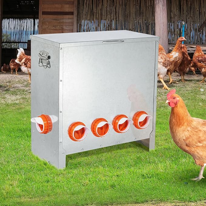 Automatic Chicken Feeder No Waste Large Capacity 85lbs 10-Ports Metal Poultry Feeder with Pull Handle for Chickens Geese Ducks Poultry Coop Weatherproof Design