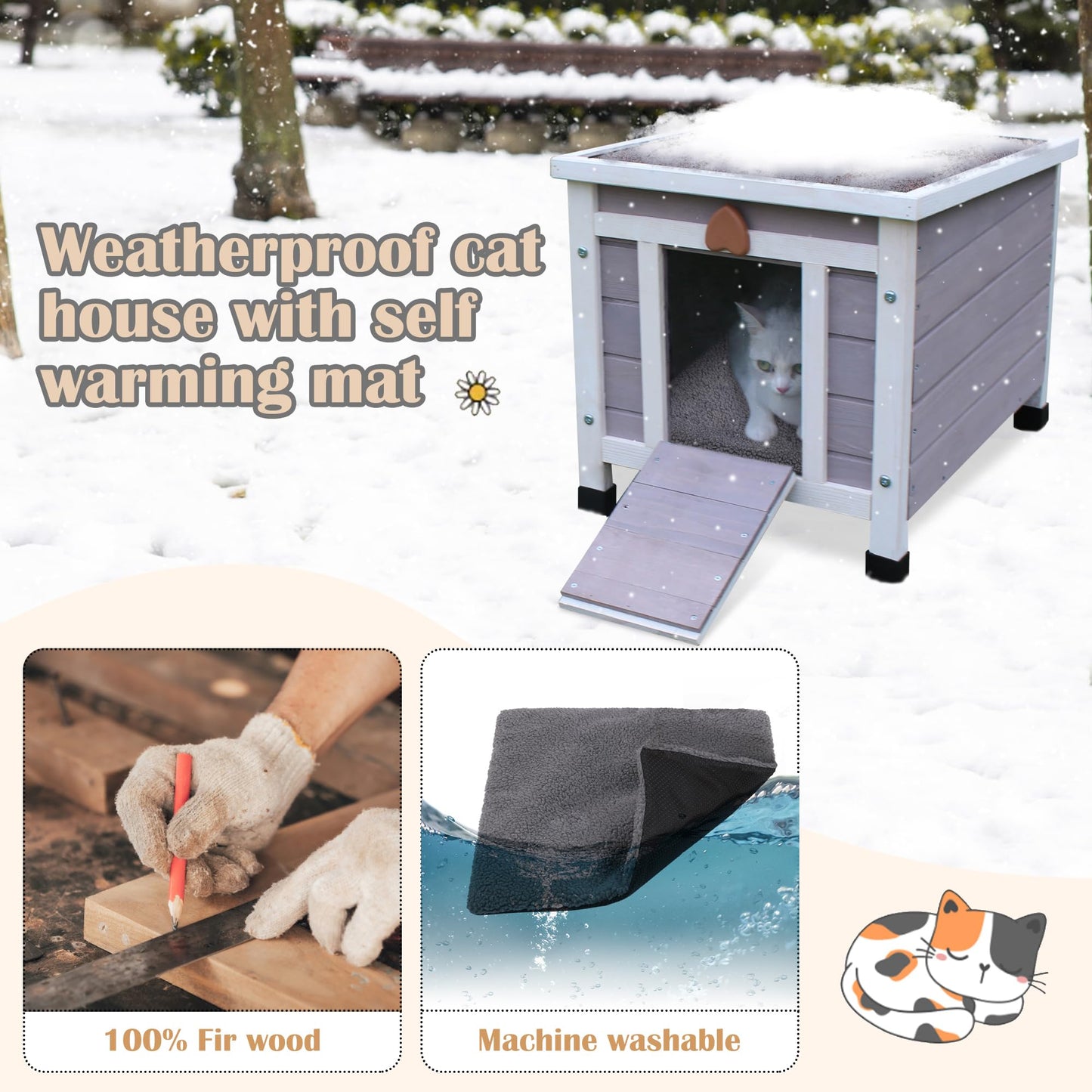 Hicaptain Feral Cat House for Outdoor, Weatherproof Cat House Outdoor, Warm Wooden Small Pet House and Habitats (Grey House + Mat)