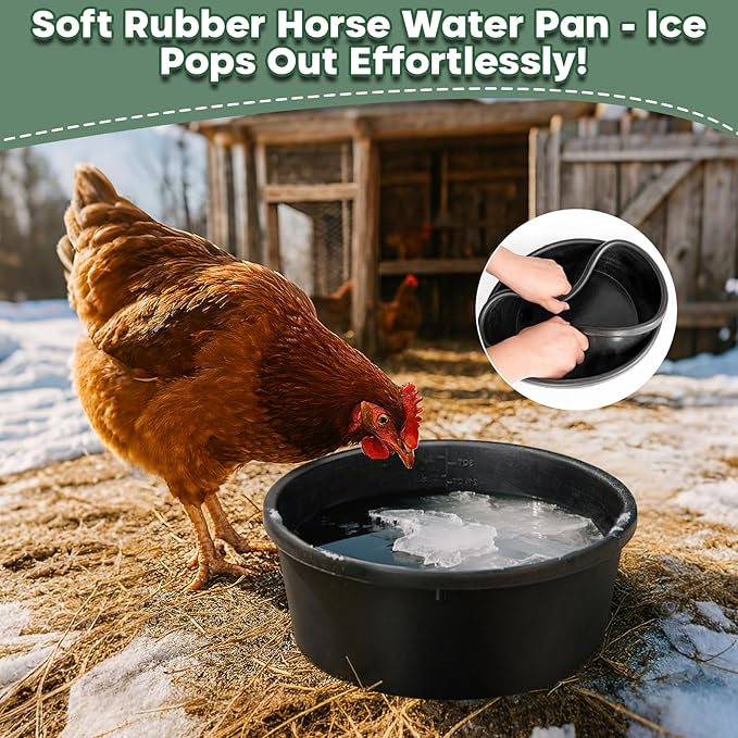 TINNMAO Rubber Feed Pan Set, 3 PCS 1-Gallon/4-Quart Chicken Feeder Pan with 3 Mesh Veggie Bags (24" x 0.12"), Thickened Heavy Duty Tub Feeding Bucket Bowls for Outdoor Livestock Duck Water & Dust Bath