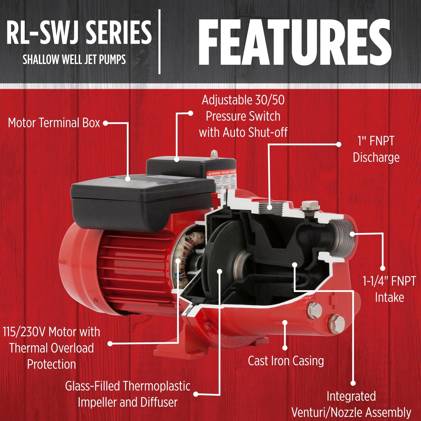 Red Lion RL-SWJ100 1 HP, 17 GPM Dual Voltage (115/230 Volts) Cast Iron Shallow Well Jet Pump, Red, 97081001