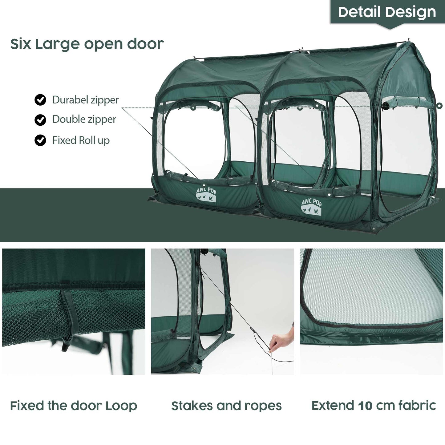 ANC POP 2Pcs Portable Chicken Run, Pop Up Chicken Tent for Small Animals Outdoor Gardening Net with 3 Doors and Handbag, Easy to Install and Storage, Green (80 x 40 x45)